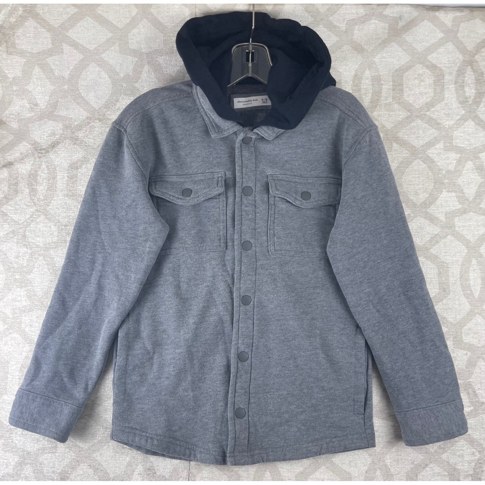 Abercrombie Kids Boys Gray Navy Blue Hooded Shirt Jacket Shacket Size 9/10